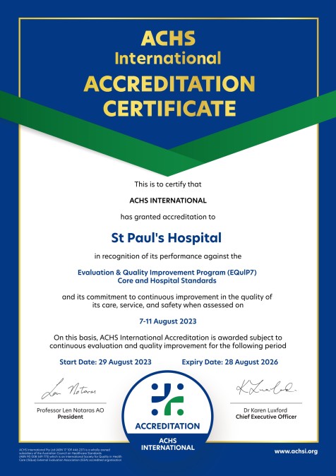 ACHSI Accreditation Certificate _ St Pauls Hospital 2023